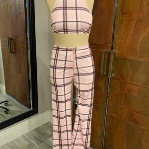 Pink and brown plaid flared pant and halter set